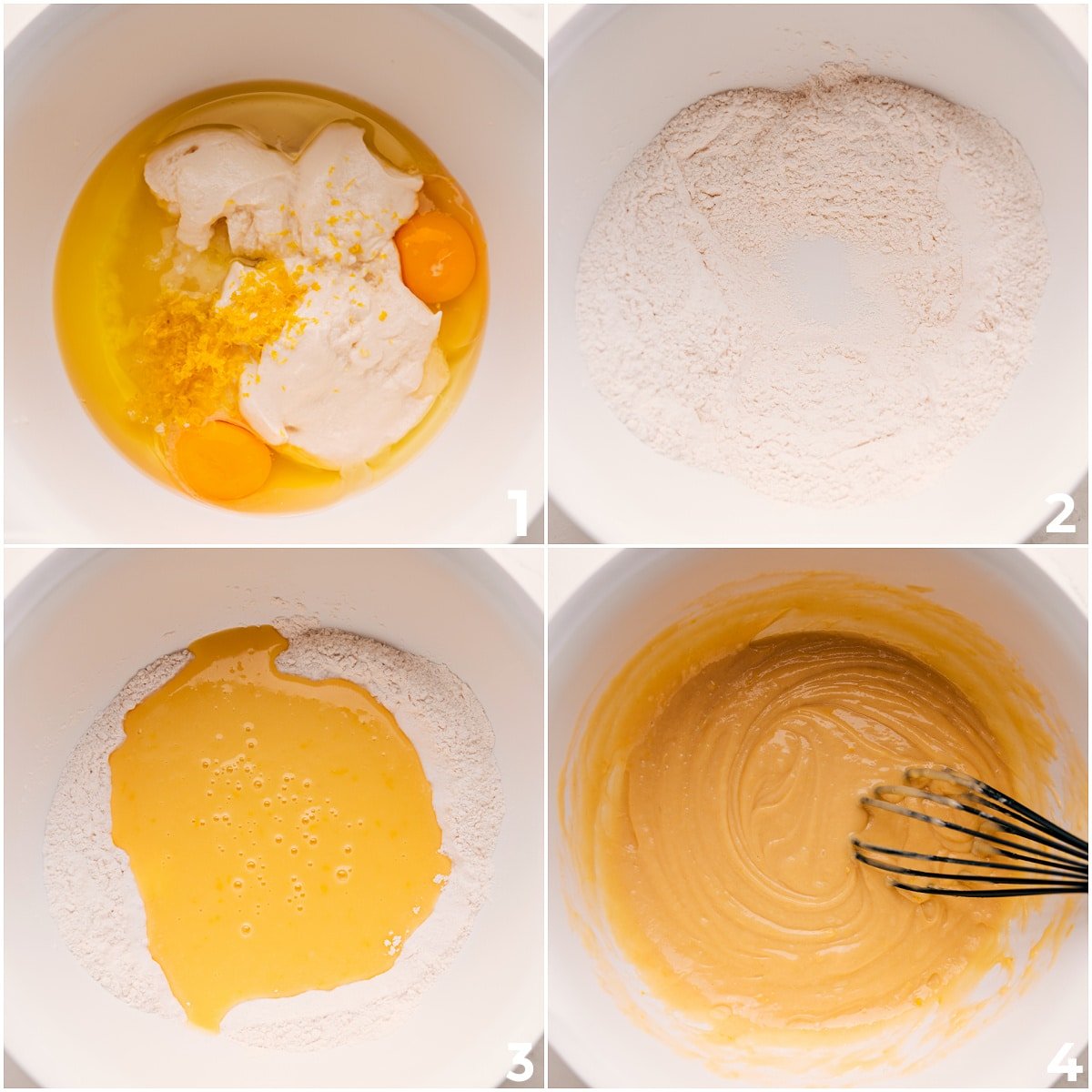 How To Make This Lemon Bread Recipe The wet and dry ingredients in this lemon bread recipe whisked together in a bowl.