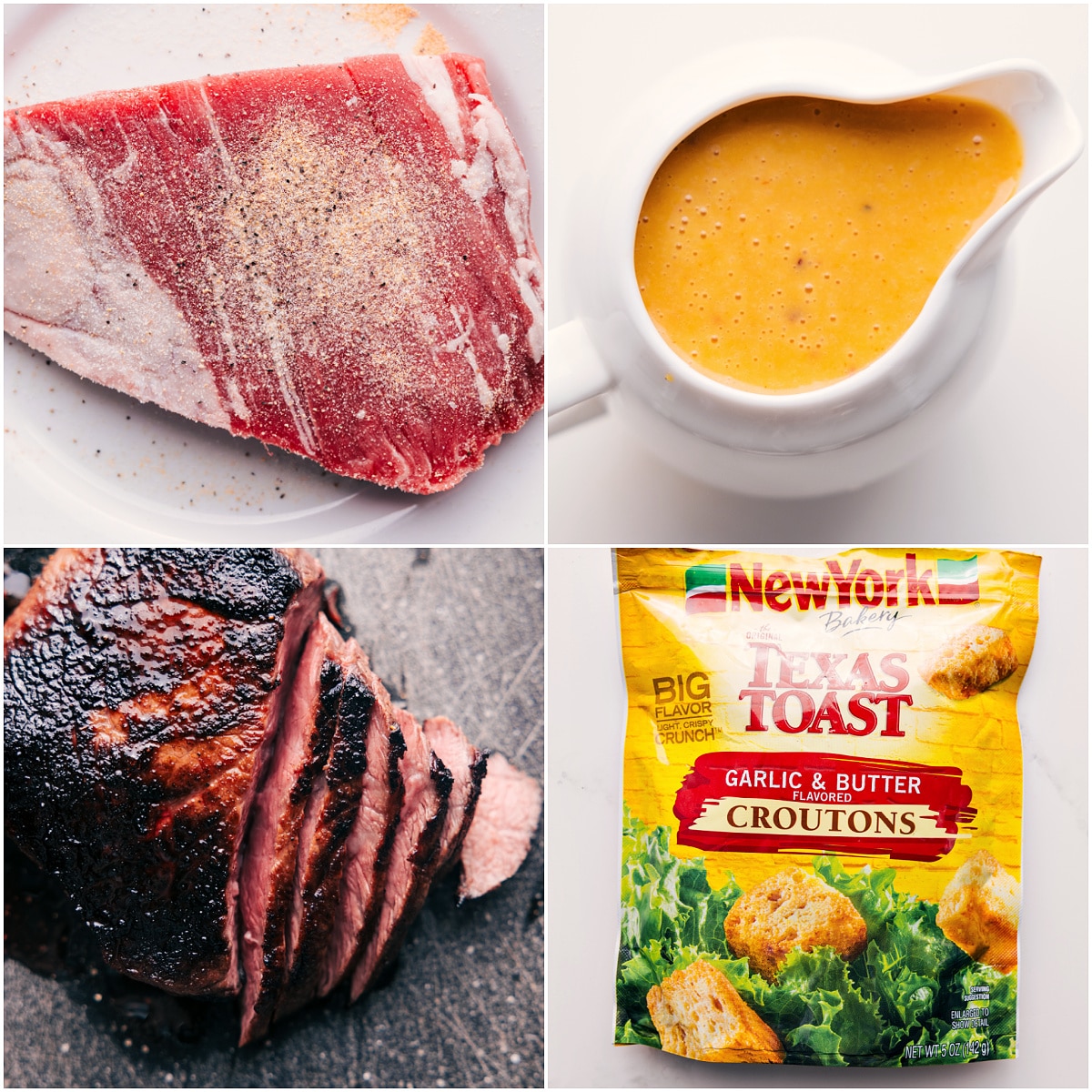 How To Make This Steak Bowl Recipe The steak being seasoned and grilled, the dressing being made, and the croutons used in this steak bowl recipe laid out.