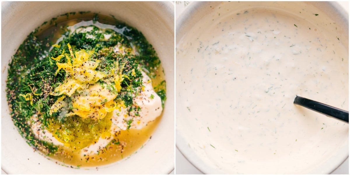 Lemon Dill Sauce To Top This Blackened Salmon Recipe The lemon dill sauce whisked together in a bowl.