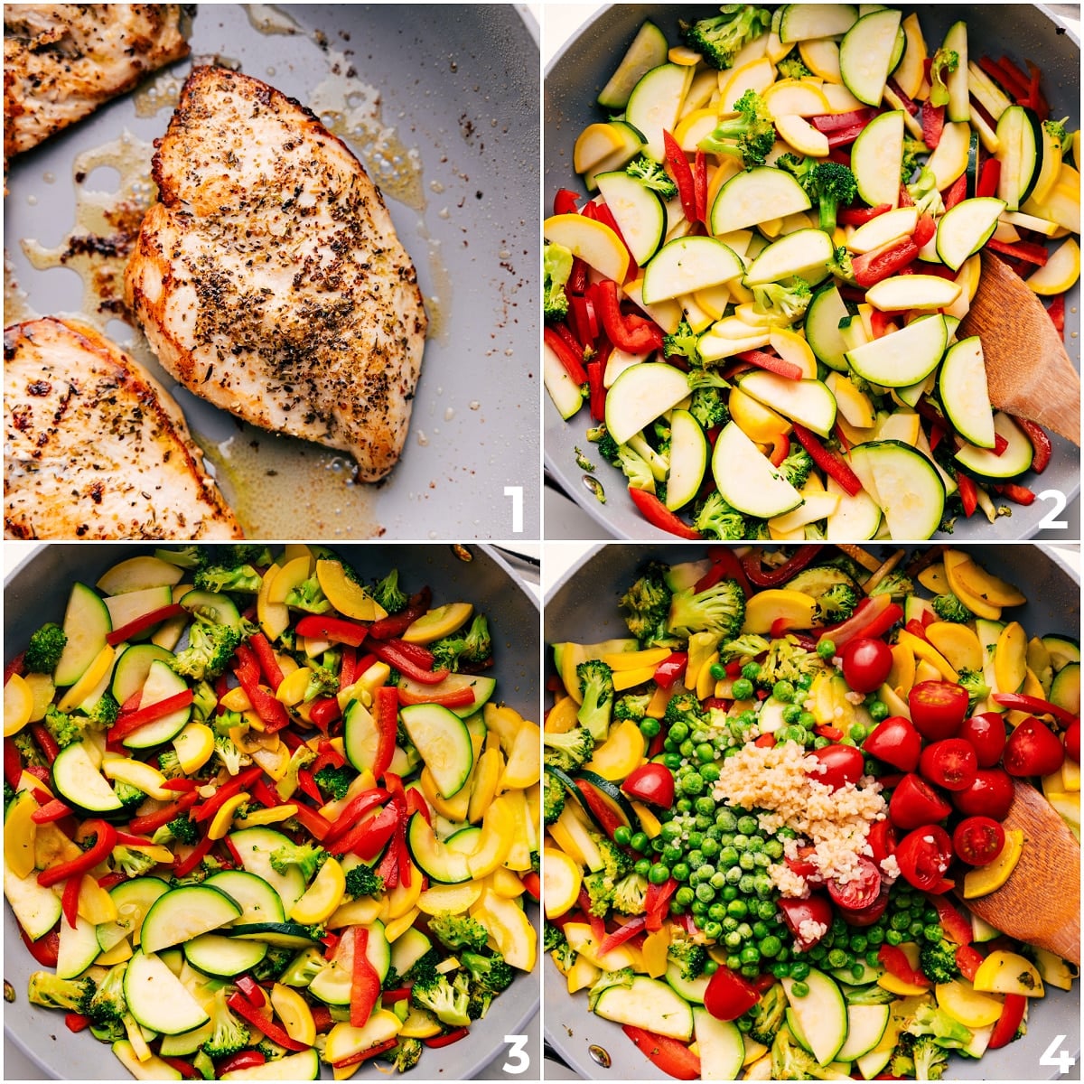 How To Make Chicken Primavera Chicken cooking in a skillet, followed by fresh vegetables sautéed until tender for this Chicken Primavera recipe.