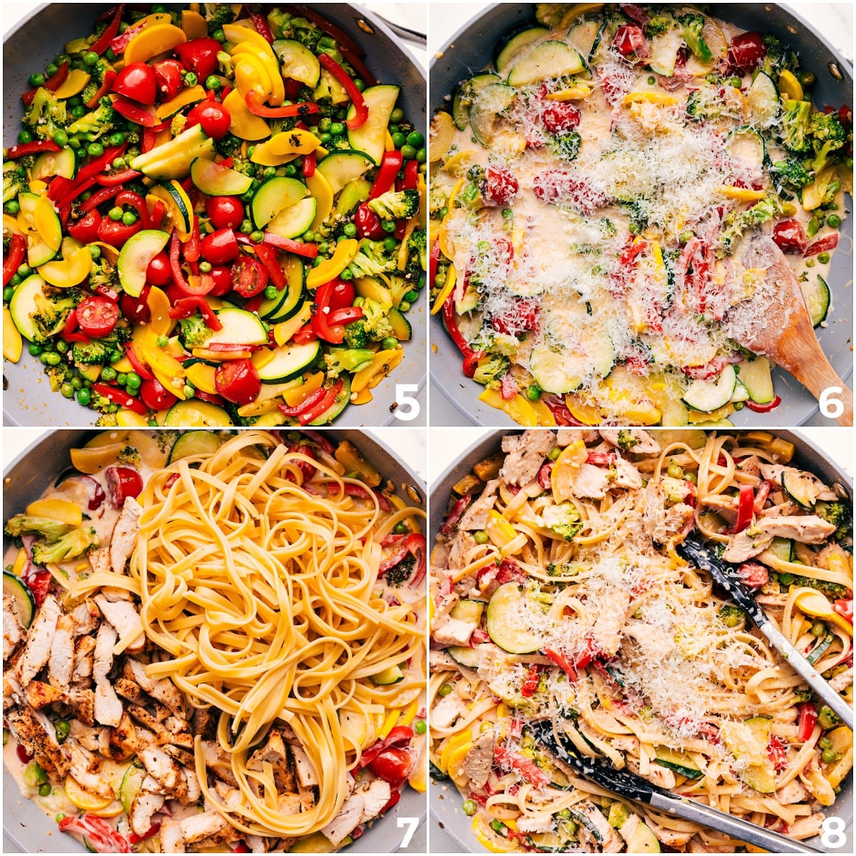 Mixing Everything Together For This Creamy And Delicious Chicken Primavera Pasta tossed with sautéed vegetables and creamy sauce, all mixed together.