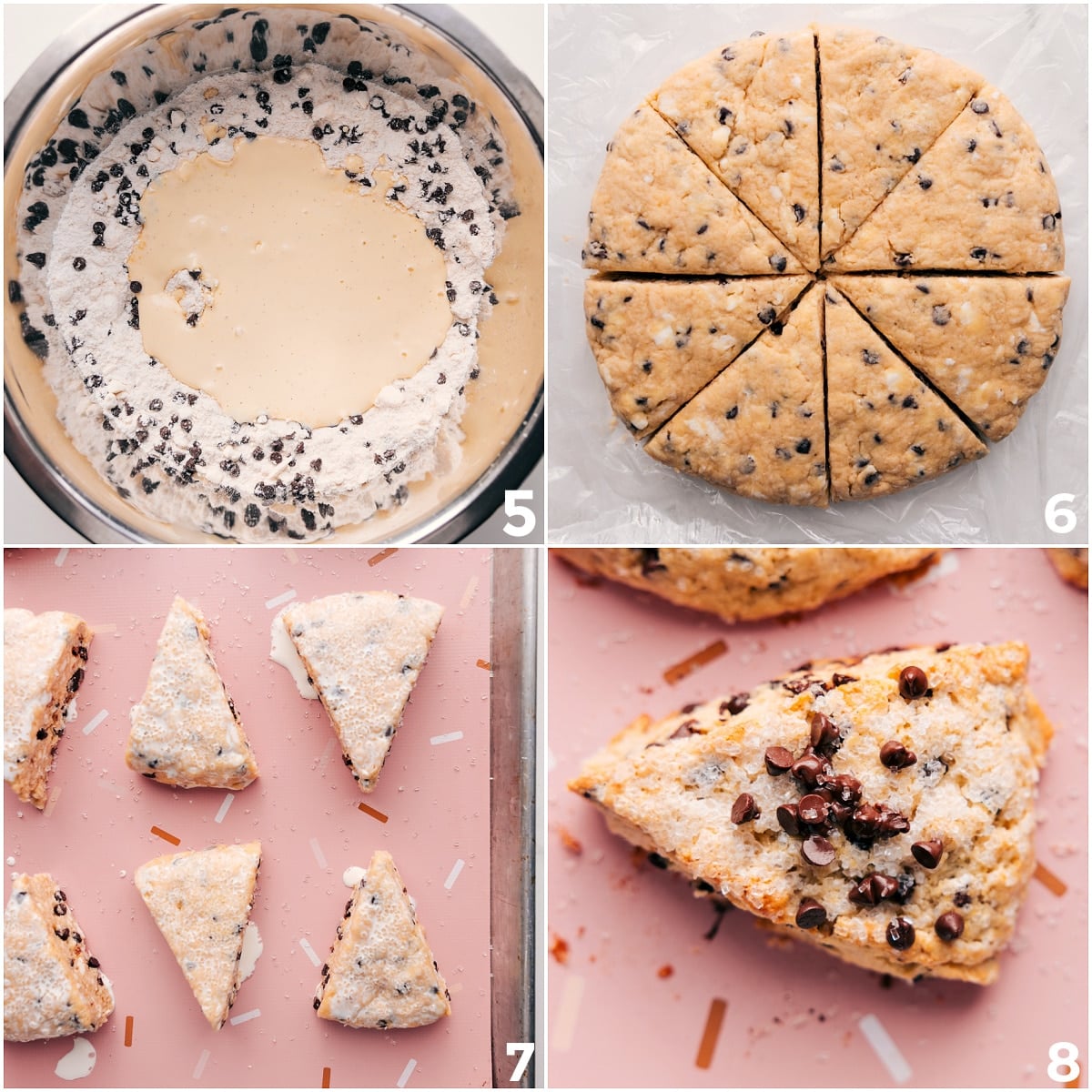 Baking Up Chocolate Chip Scones The dough kneaded into a disc, cut into triangles, then brushed with heavy cream and topped with sugar before baking.