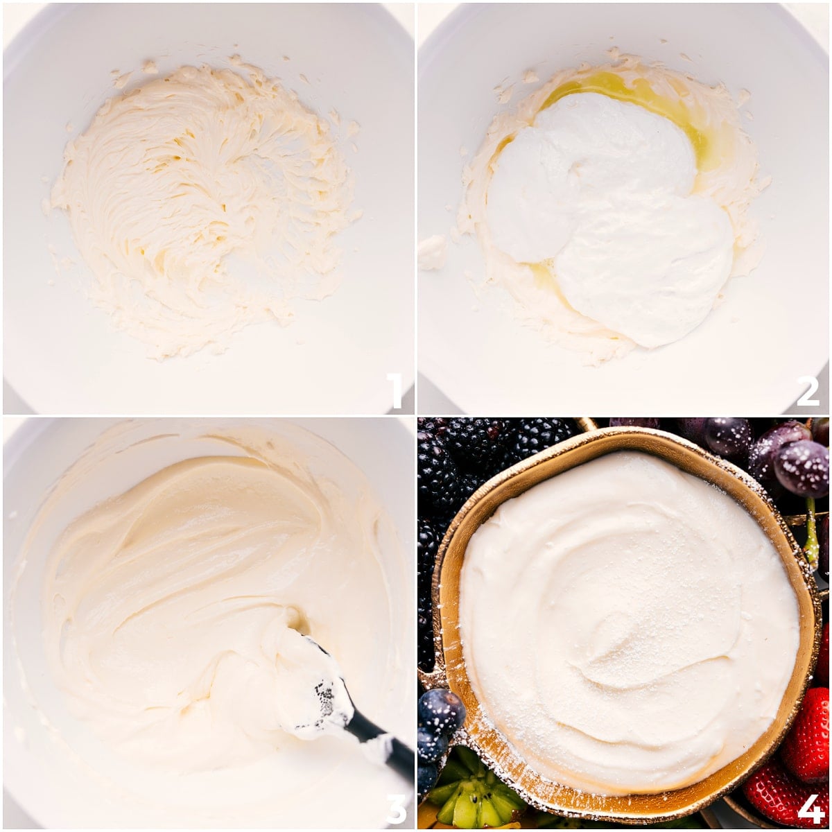 How To Make This Cream Cheese Fruit Dip Recipe The four ingredients in this cream cheese fruit dip recipe being mixed together in a bowl.