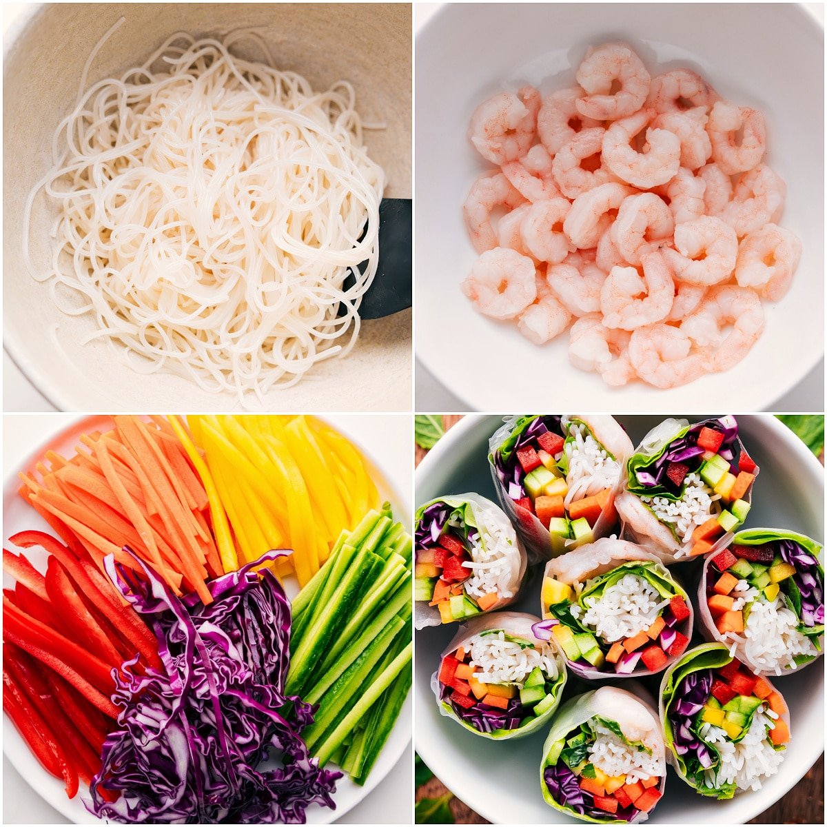 How To Make Spring Rolls The noodles, shrimp, and veggies laid out to assemble spring rolls for this how to make spring rolls post.