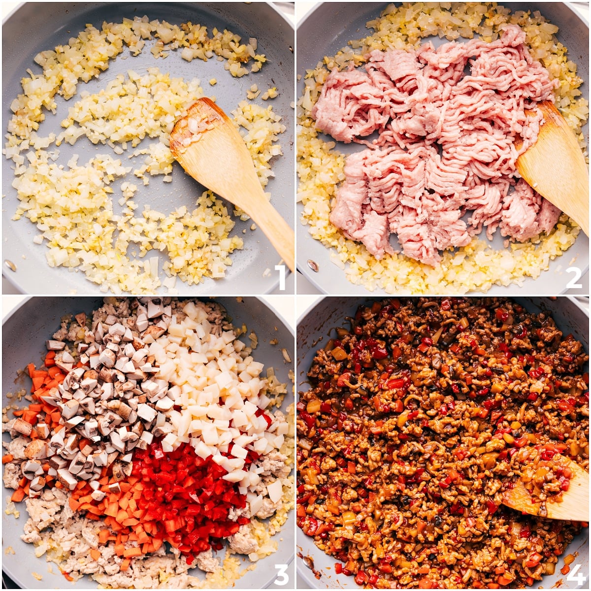 How To Make This Lettuce Wrap Recipe The aromatics being sautéed and then the ground chicken being browned through, with additional veggies being added in for this lettuce wrap recipe.