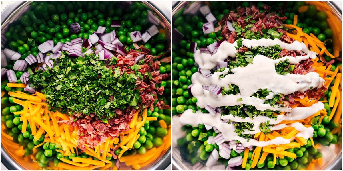 All the salad ingredients added in a bowl, dressed, and ready to be tossed together.