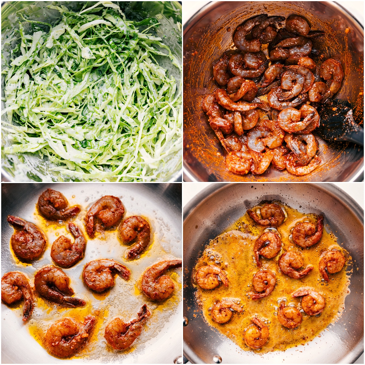 How To Make The Shrimp Tacos Slaw Topping Cabbage slaw tossed in cilantro lime sauce while shrimp is seasoned and cooked in a pan.