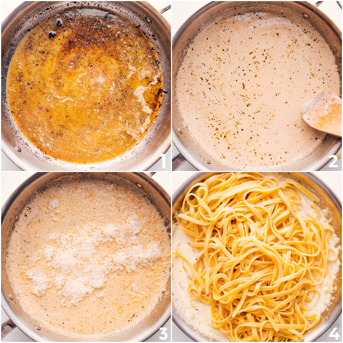 How To Make Steak Alfredo Recipe Cream sauce being whisked in a pot, then fettuccine added for this steak Alfredo recipe.