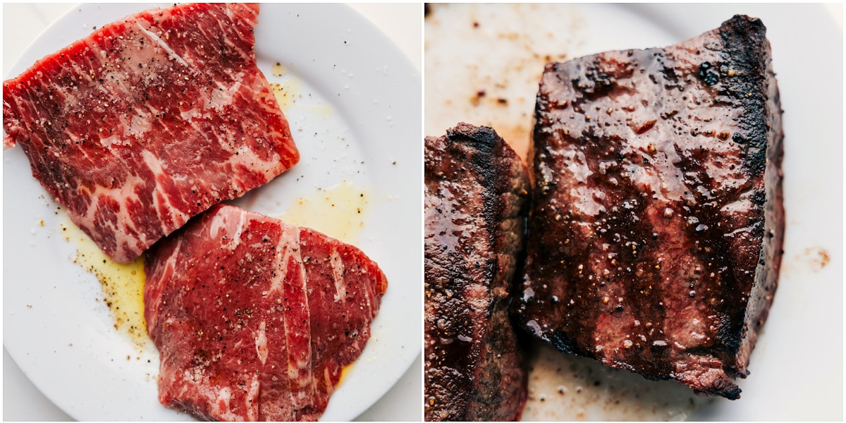 How To Make The Best Steak For This Alfredo Recipe The steak being prepped and grilled to perfection.