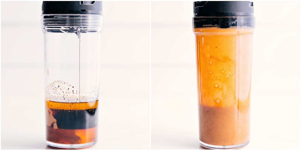 How To Make This Thai Peanut Dressing All the ingredients for this Thai peanut dressing being blended together in a blender.