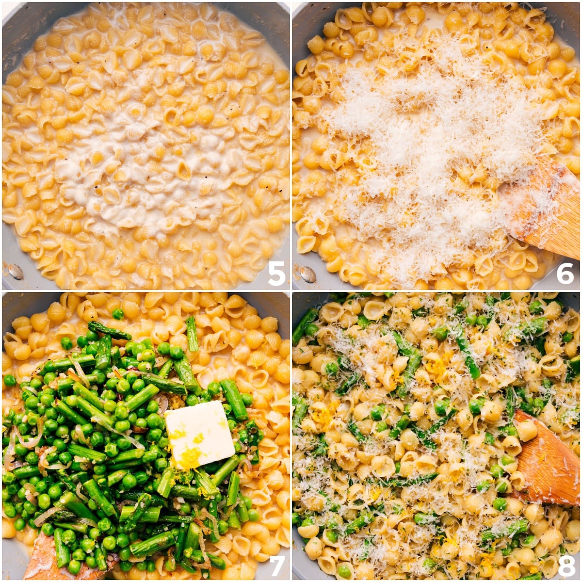 Creamy And Cheesy Asparagus Pasta Recipe Pasta added to the pot with milk, cheese, and sautéed vegetables, all stirred together into a creamy, cheesy dinner.
