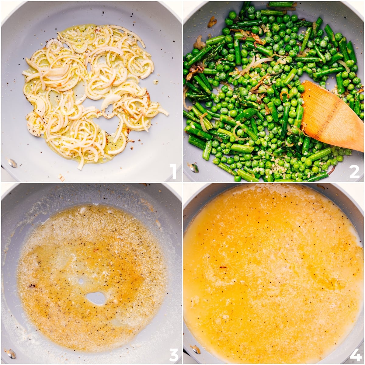 How To Make This Asparagus Pasta Recipe Shallots and garlic sautéing in oil, followed by peas and asparagus, then removed while liquids are added to the pot for this asparagus pasta recipe.