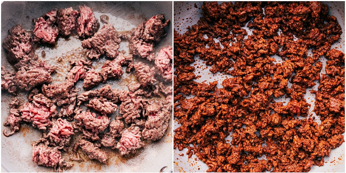 The ground beef being seasoned and cooked through for this crunchwrap supreme recipe.