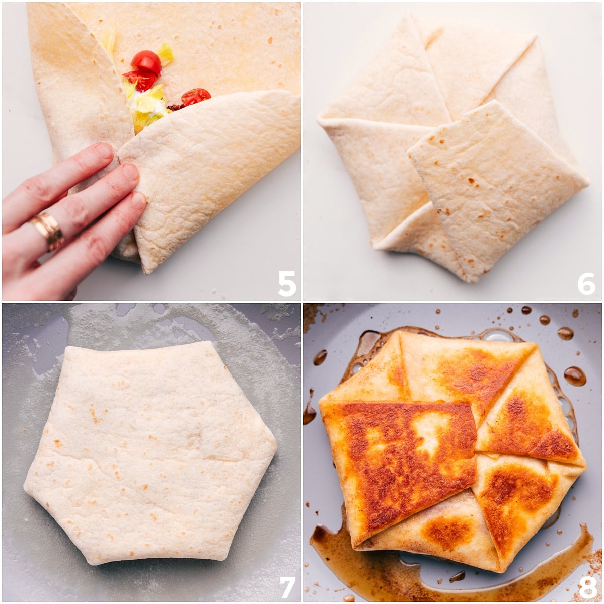Folding the Crunchwrap Supreme recipe into that signature shape, then cooking on both sides until golden and crisp to seal it shut.