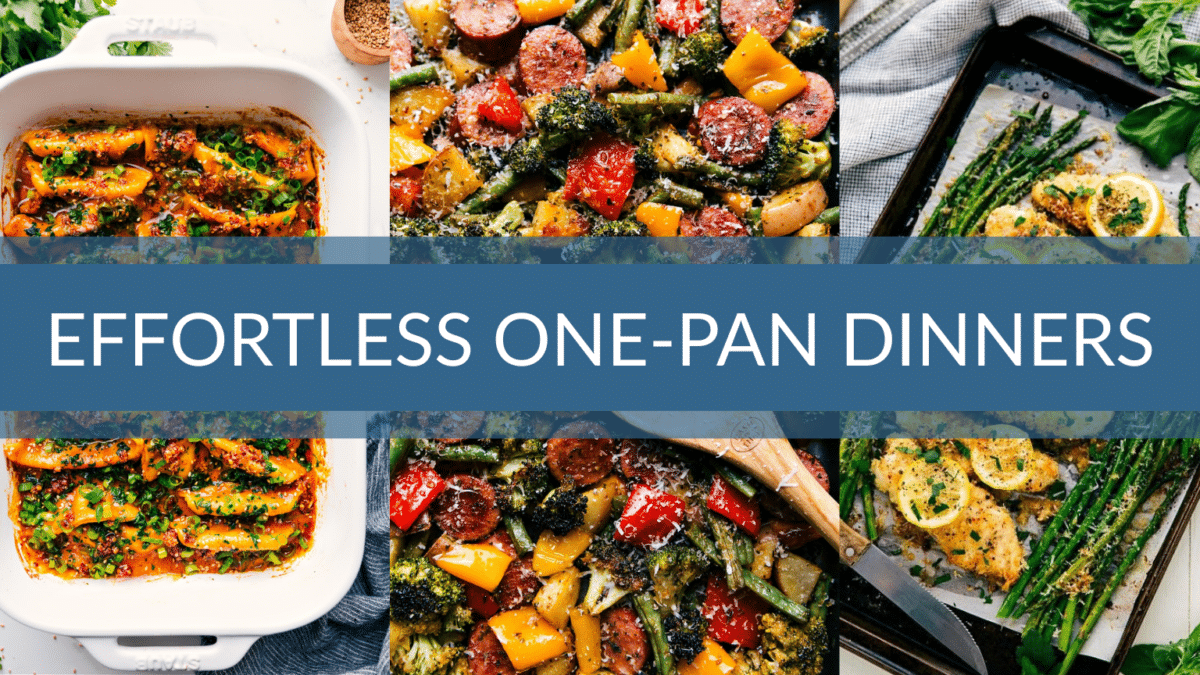 Effortless One Pan Dinner Recipes One Pan Dinner Recipes collage with a variety of easy meals cooked in a single pan.