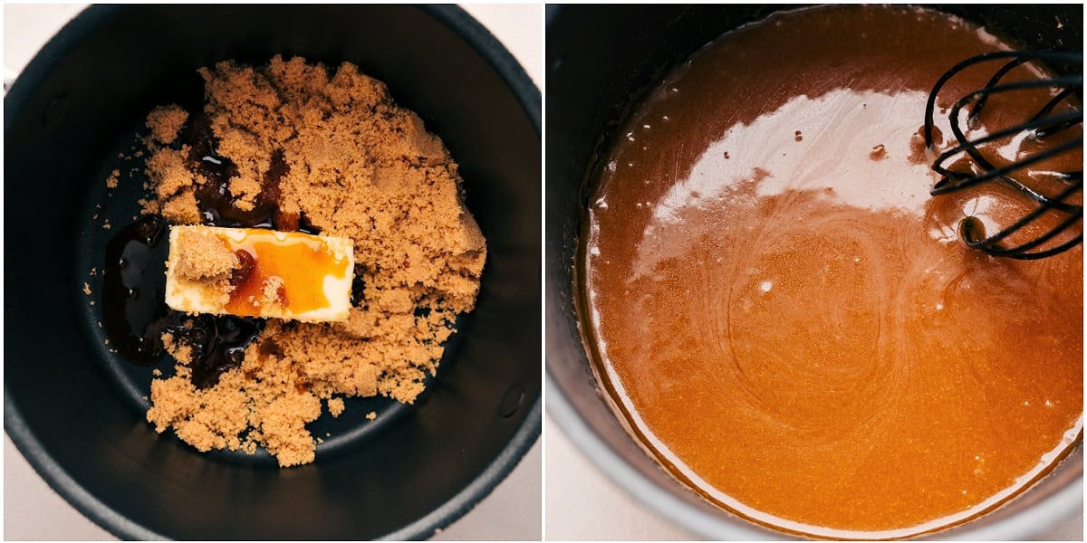 The caramel syrup I drizzle over this French toast recipe being made in a pot.