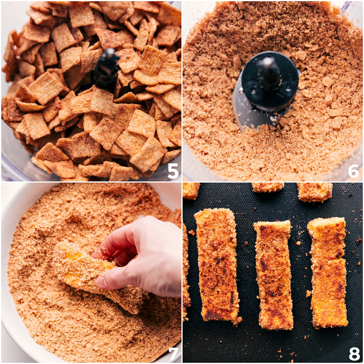 Cinnamon Toast Crunch Covered French Toast Sticks Cinnamon Toast Crunch cereal blended into a fine dust, coating the batter-dipped toast sticks before cooking.