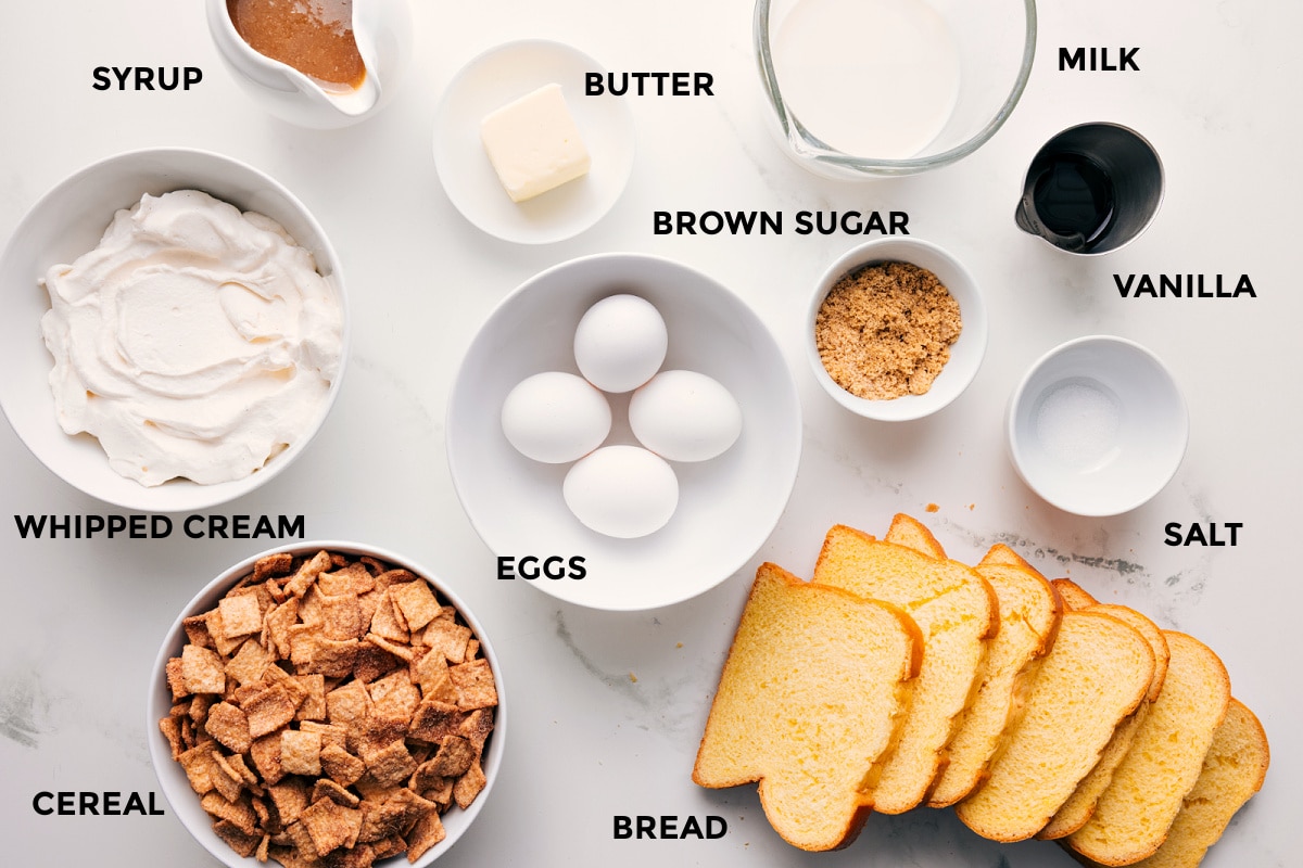 Ingredients In French Toast Sticks Recipe All the ingredients in this recipe prepped out for easy assembly including the whipped cream, cereal, bread, eggs, salt, brown sugar, vanilla, milk, butter, and syrup.
