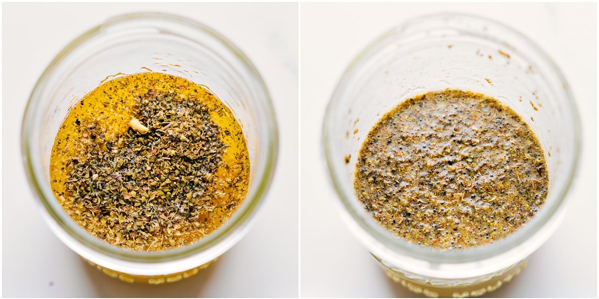 Greek Potatoes Recipe Dressing The greek potatoes recipe dressing being mixed together in a mason jar.