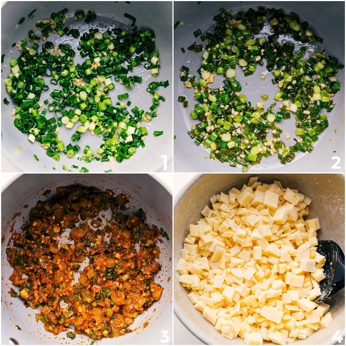 How To Make This Queso Recipe Onions and garlic sautéing in a pan, then seasonings and cheese added to make this queso recipe.