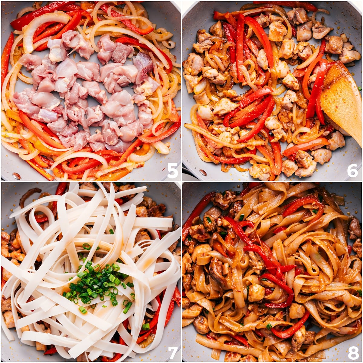 Cooking The Chicken And Veggies For Thai Drunken Noodles Recipe The chicken, peppers, and onions being cooked through and the cooked noodles added in.