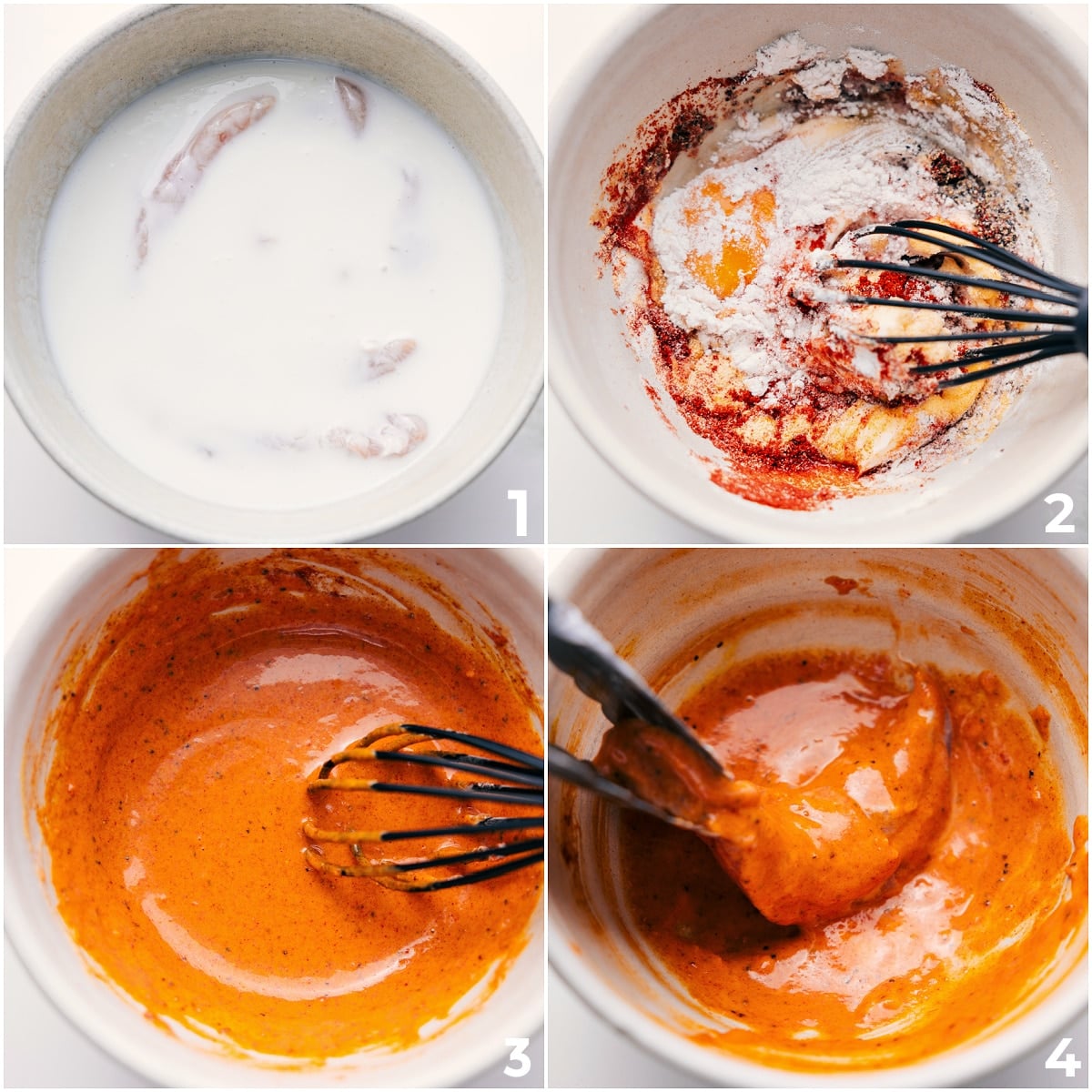 How To Make Baked Chicken Tenders Baked chicken tenders marinating in buttermilk, batter being whisked, and chicken coated before baking.