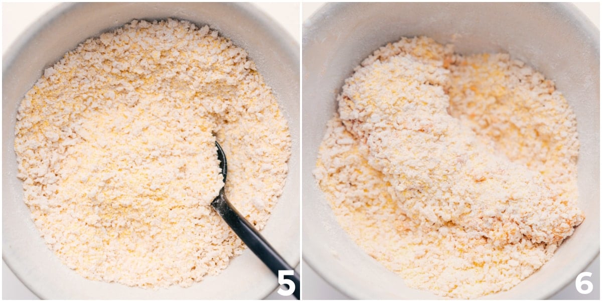 Breadcrumbs Being Added To The Chicken Tenders The meat being breaded in breadcrumbs before baking.
