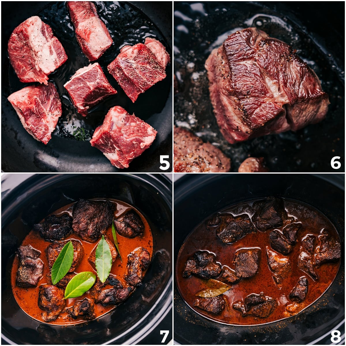 Slow Cooking The Barbacoa Beef Searing the beef and then adding it to the crockpot with the sauce and bay leaves.