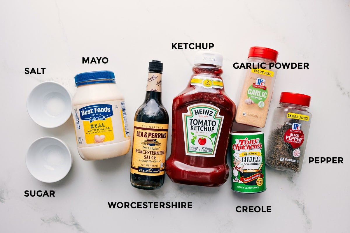 Cane's Sauce Recipe Ingredients All the ingredients in this recipe prepped out for easy assembly including the salt, sugar, mayo, Worcestershire, ketchup, garlic powder, pepper, creole.