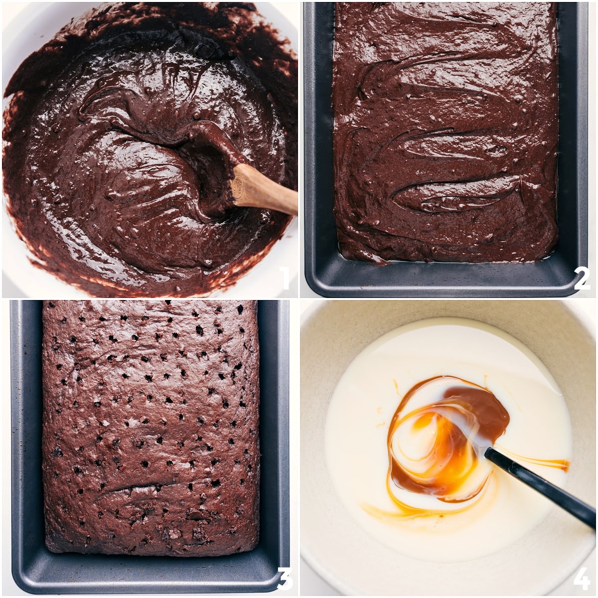 How To Make Chocolate Poke Cake Chocolate poke cake batter being mixed, poured into a pan, baked, then poked and topped with a caramel and sweetened condensed milk mixture.