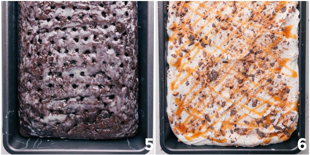 Better Than Anything Chocolate Poke Cake Chocolate poke cake fresh from the oven, frosted and topped with Heath toffee bits and caramel sauce.