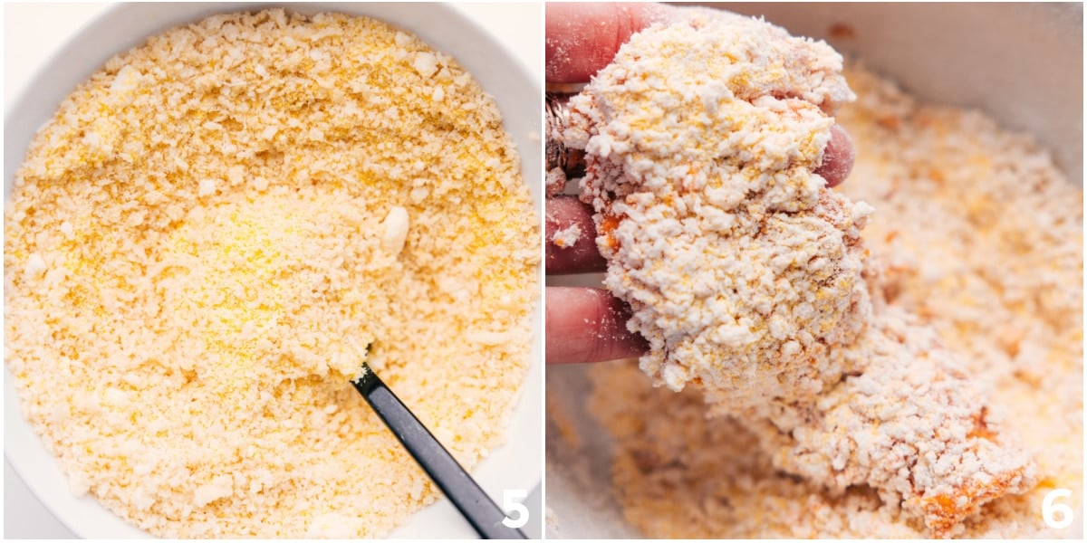 Breading The Chicken For These Parmesan Chicken Tenders The chicken being tossed in the cheese and breadcrumbs before cooking.