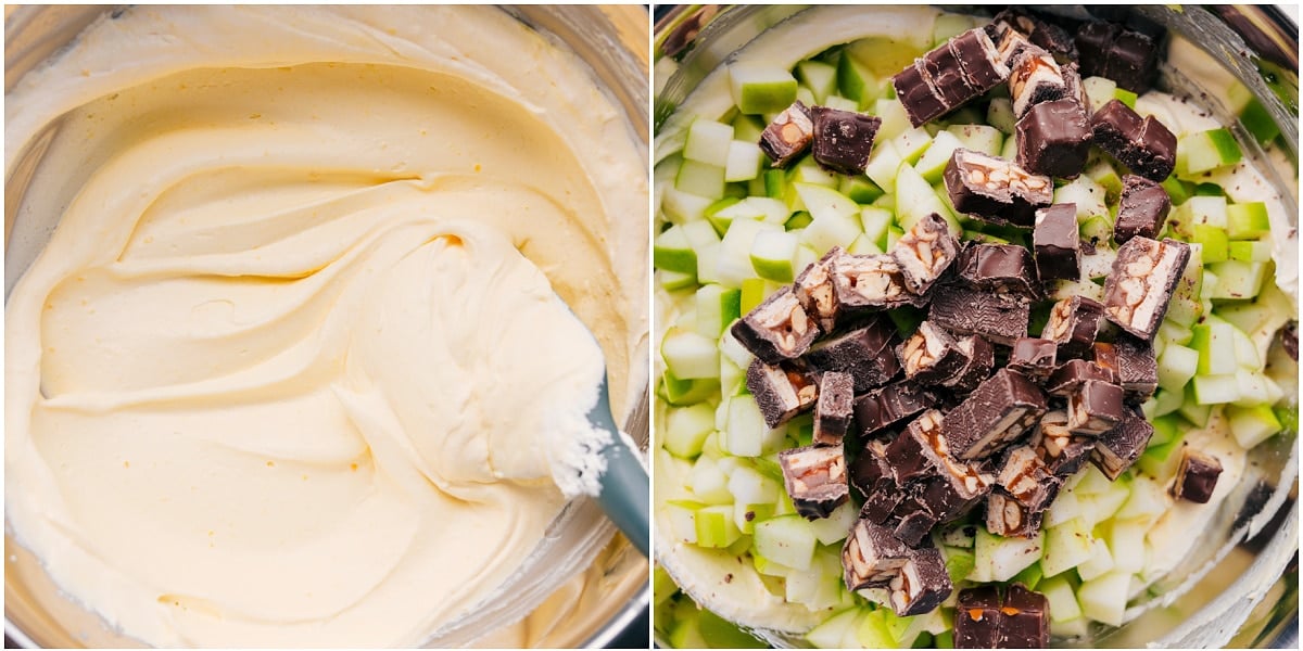 How To Make The Best Snickers Salad Recipe Jello cream layer being whipped together in a bowl before adding remaining ingredients