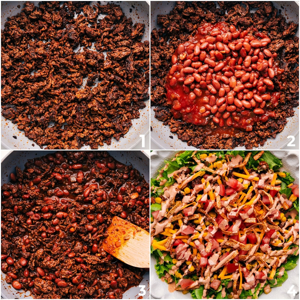 How To Make This Taco Salad Recipe The beef browning in a pan, then beans and salsa added, with the beef topping the salad.