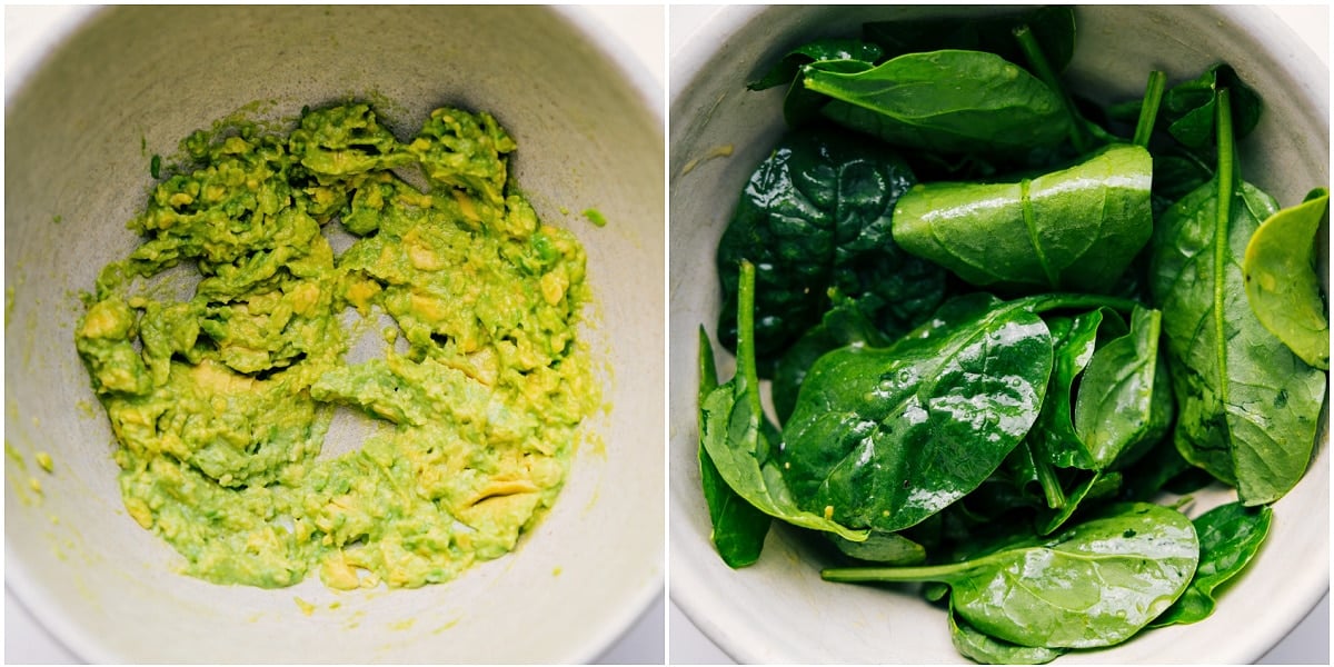 Prepping The Avocado and Spinach To Add To These Veggie Sandwiches The avocado being mashed and spinach being tossed with dressing.