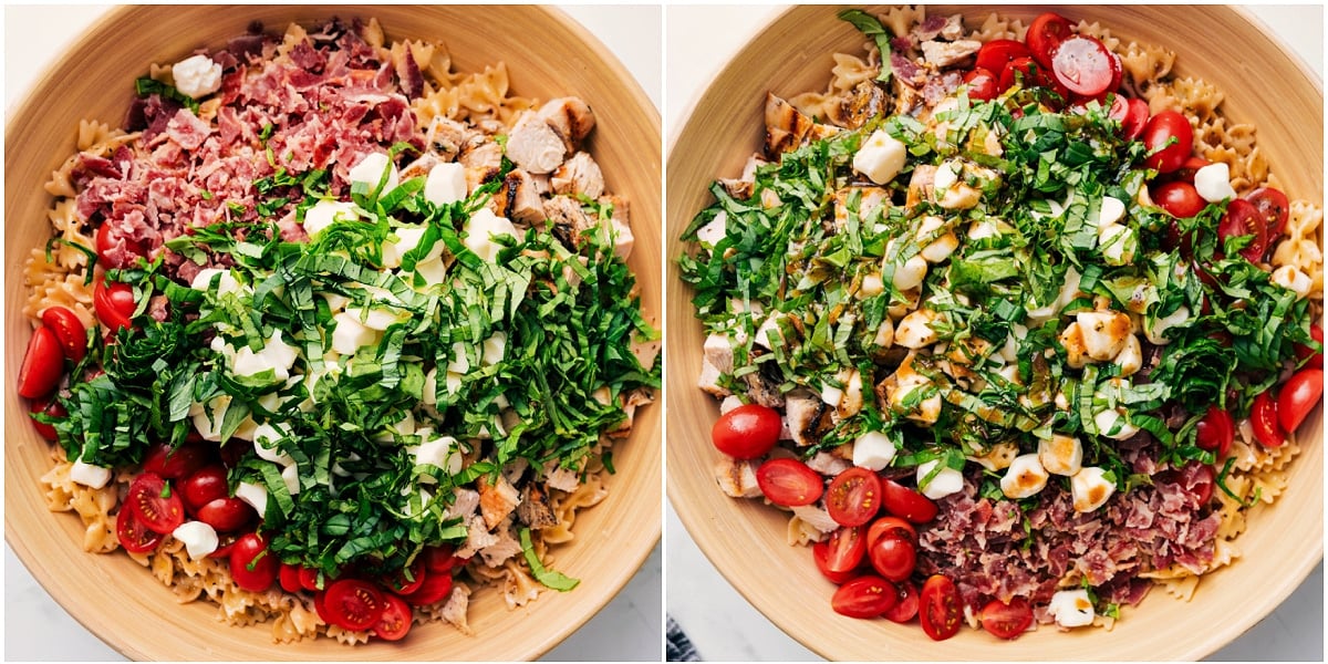 Fresh And Flavorful Caprese Pasta Salad Is The Perfect Summer Dinner The salad in a bowl with all the ingredients added in and the dressing drizzled on top.