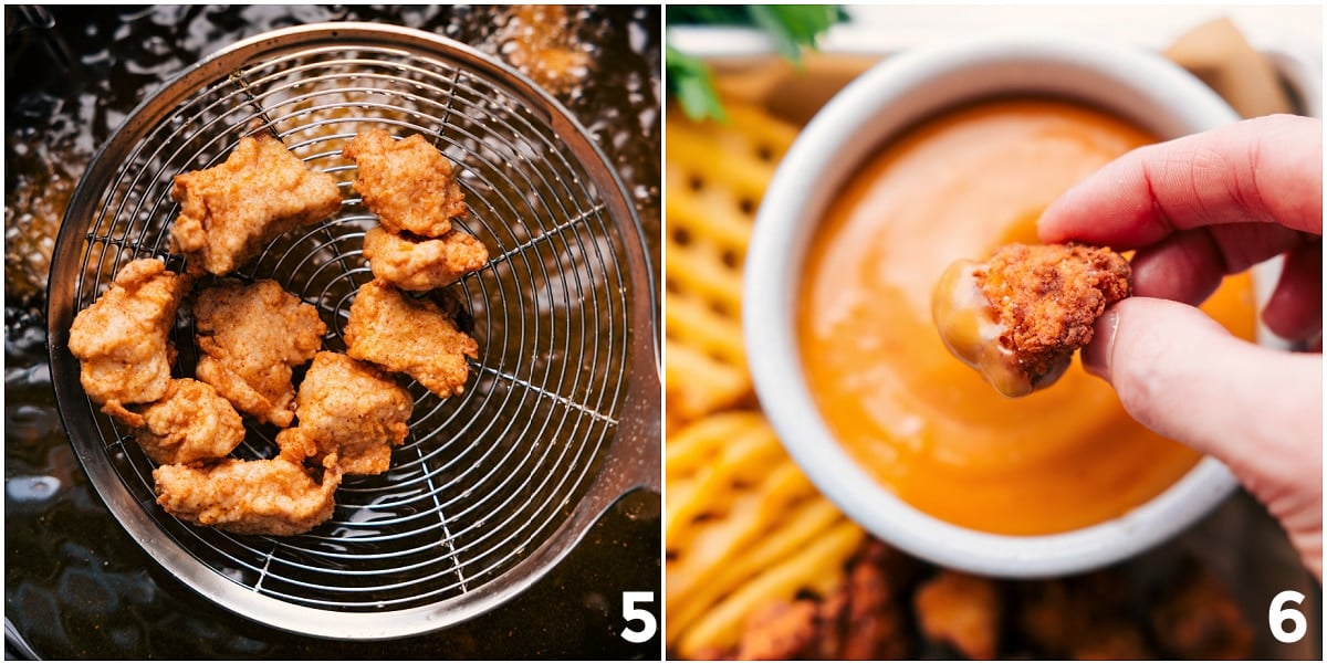 The recipe fresh out of the fryer and being dipped in the sauce.