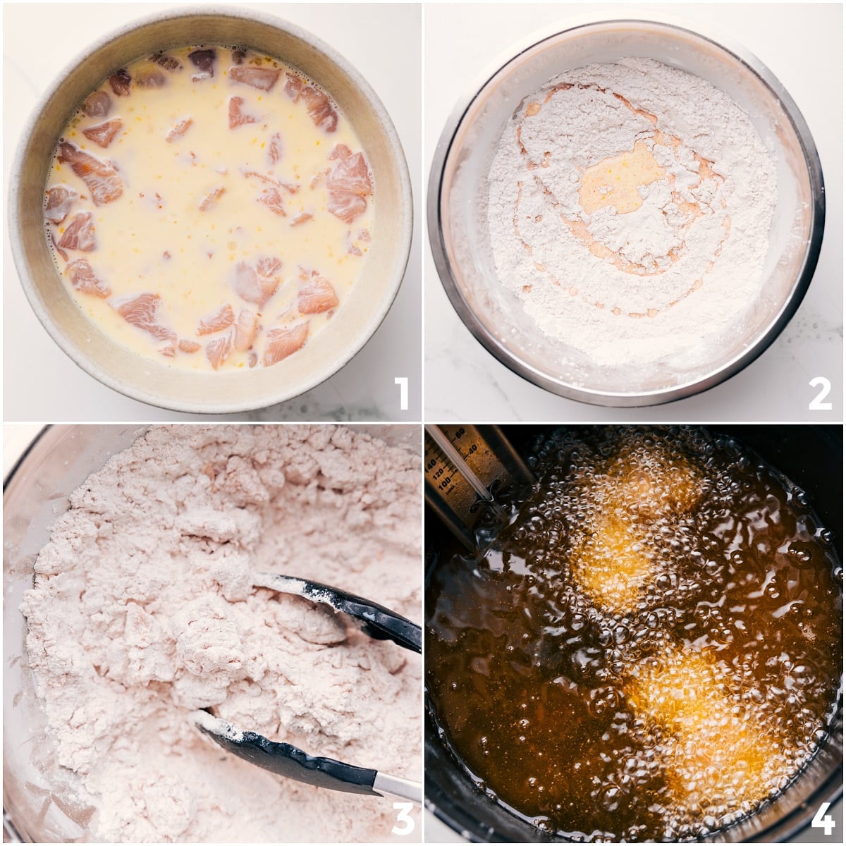 Batter mixed together with chicken added, then coated in flour and fried for this Chick-fil-A Nuggets Recipe.