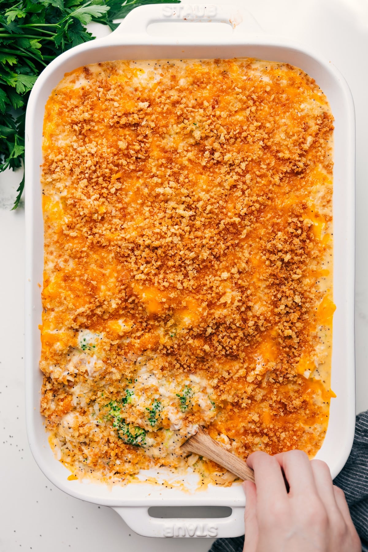 The Best Chicken Poppy Seed Casserole Poppy Seed Chicken Casserole in a baking dish with a big spoonful being served.
