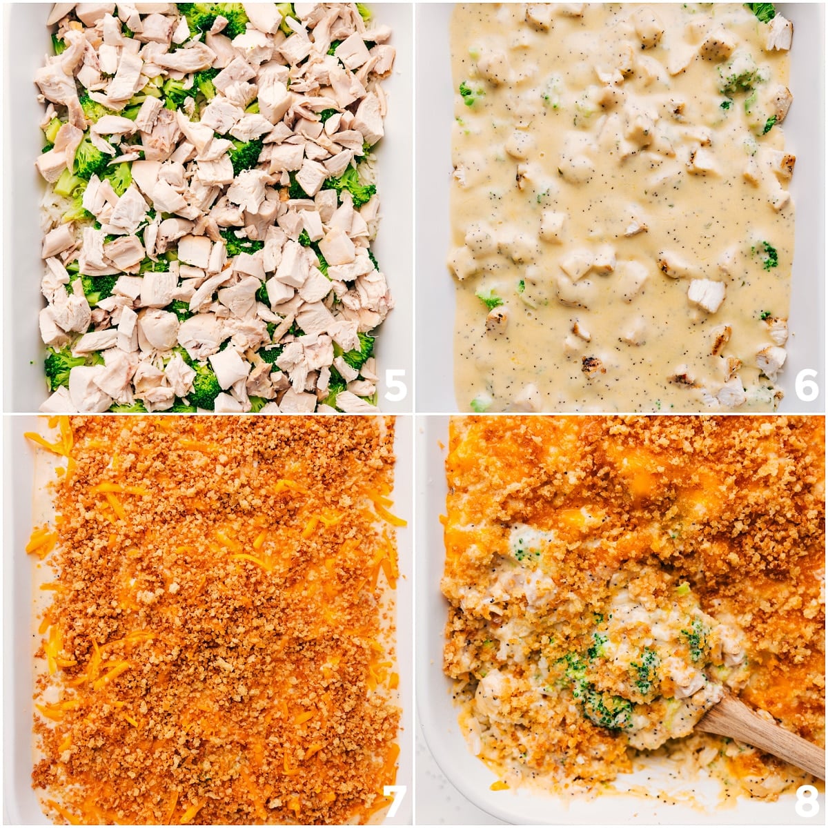 Panko Topped Poppy Seed Chicken Casserole Chicken and cream sauce added to the pan, topped with panko, and baked until golden for Poppy Seed Chicken Casserole.
