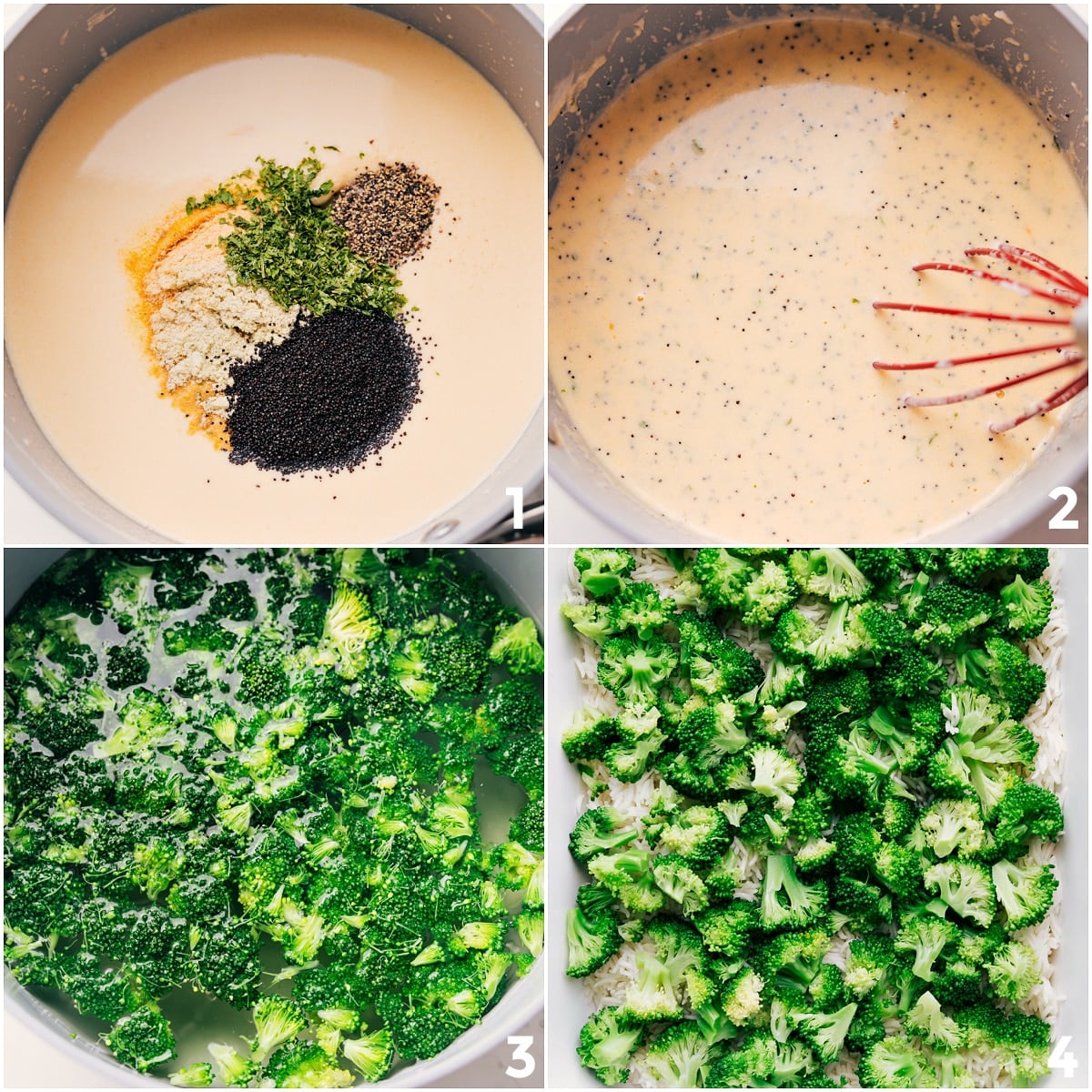 How To Make This Poppy Seed Chicken Casserole Cheesy cream sauce being whisked in a pot, broccoli cooking, and Poppy Seed Chicken Casserole being layered in a 9x13-inch pan.