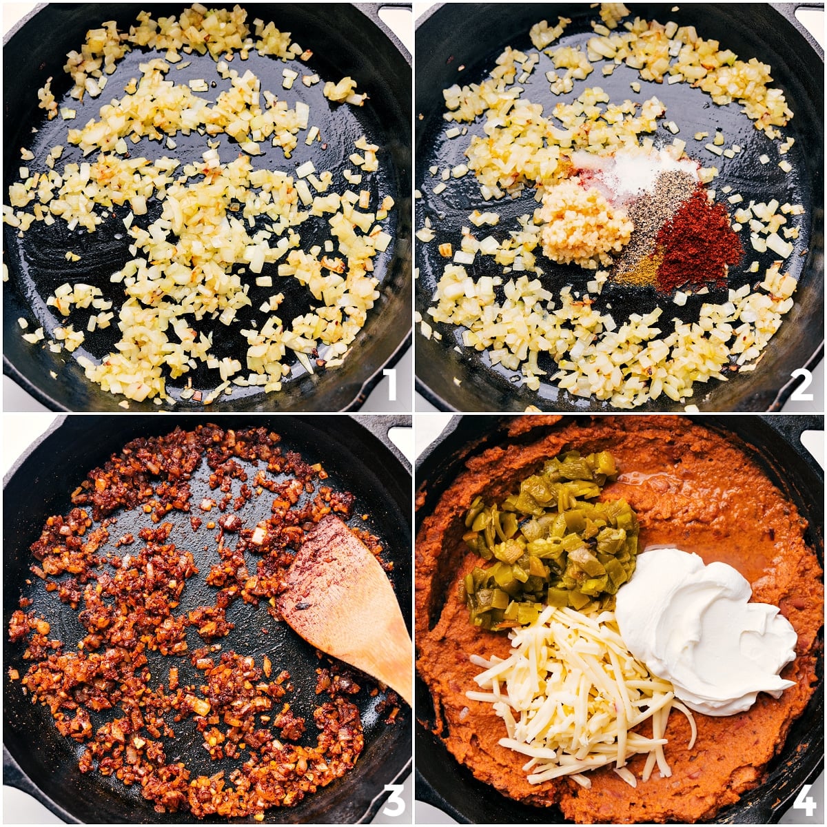 Vegetables saut&eacute;ing in a skillet with seasonings, while the remaining ingredients for this Refried Bean Dip are added in.