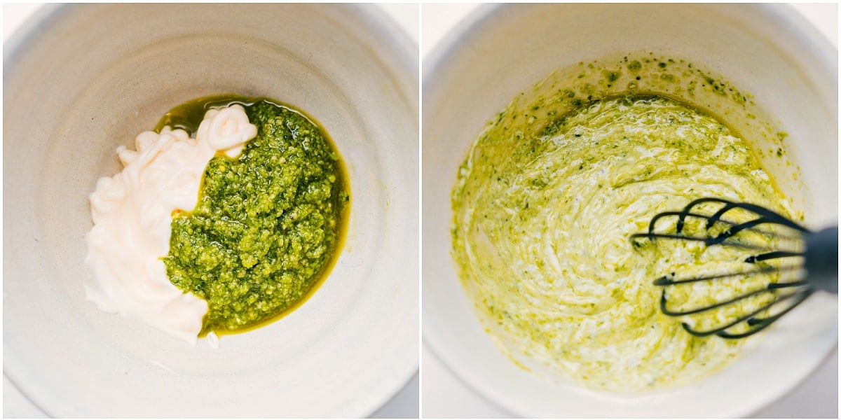 Pesto Sauce Being Whisked Together The pesto and mayo spread being whisked together for this sandwich.