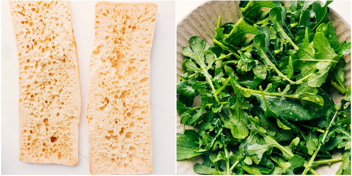 How To Make This Ciabatta Sandwich Ciabatta bread being toasted while the greens are tossed with a quick dressing for the sandwich.