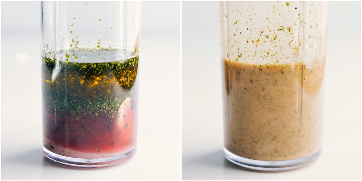 Making The Dressing For This Cobb Salad The dressing being blended in a small blender until combined.