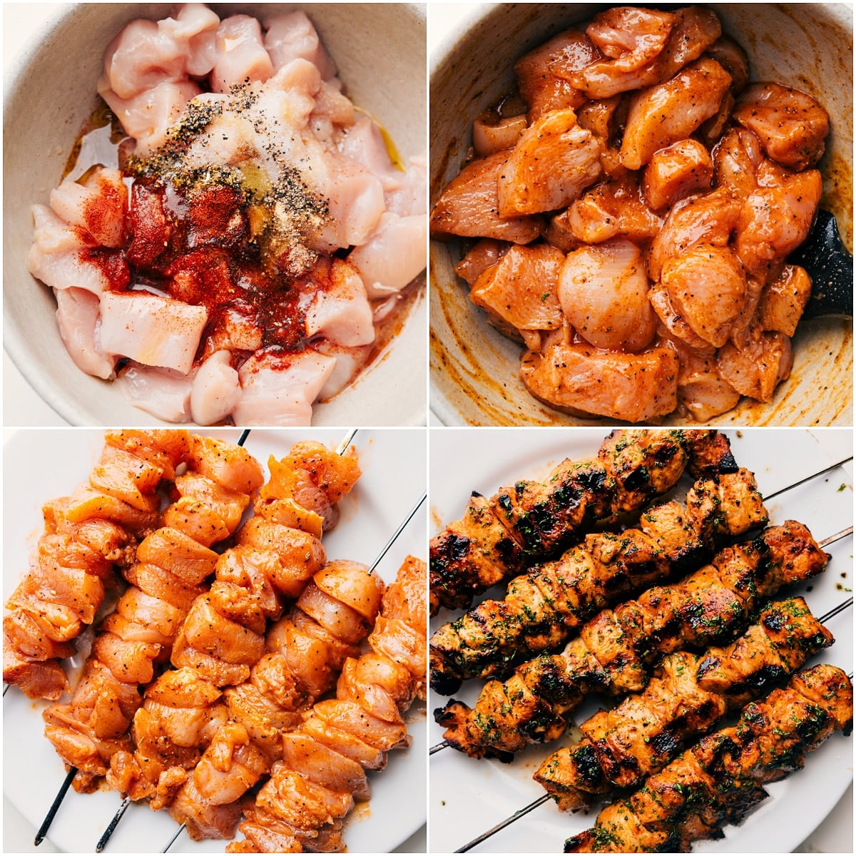 Grilled chicken skewers made with seasoned, oil-coated chicken pieces threaded onto skewers and cooked until lightly charred and juicy.