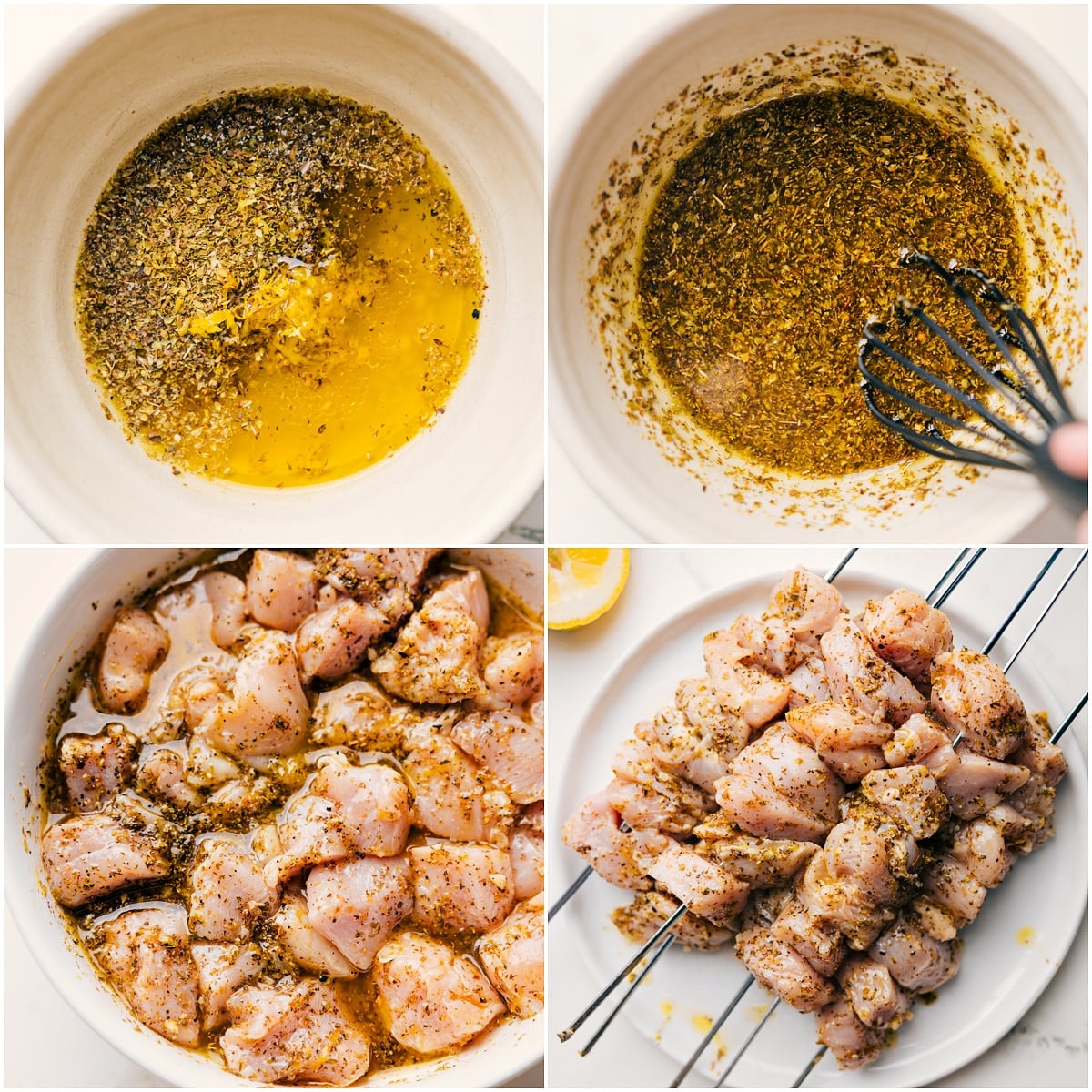 How To Make The Marinade For These Chicken Souvlaki Chicken Souvlaki marinade being whisked together, then chicken pieces threaded onto skewers.