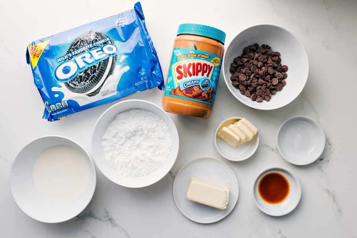 Ingredients In Chocolate Peanut Butter Pie Recipe All the ingredients in this recipe prepped out for easy assembly including the Oreos, cream, butter, salt, creamy peanut butter, powdered sugar, and vanilla.