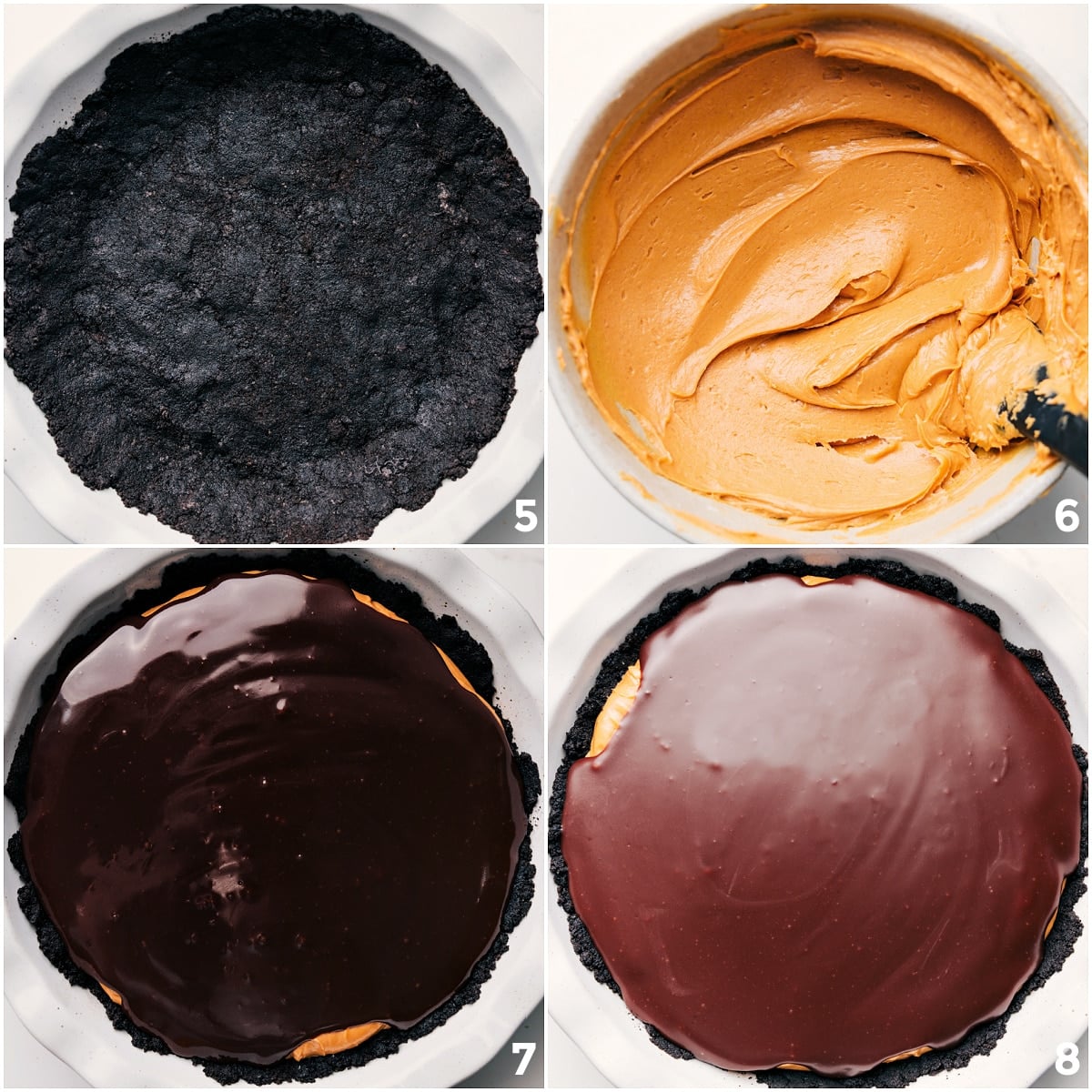 Adding All The Layers To Make This Delicious Chocolate Peanut Butter Pie Recipe Assembling the pie by adding the crust, peanut butter layer, and chocolate topping.