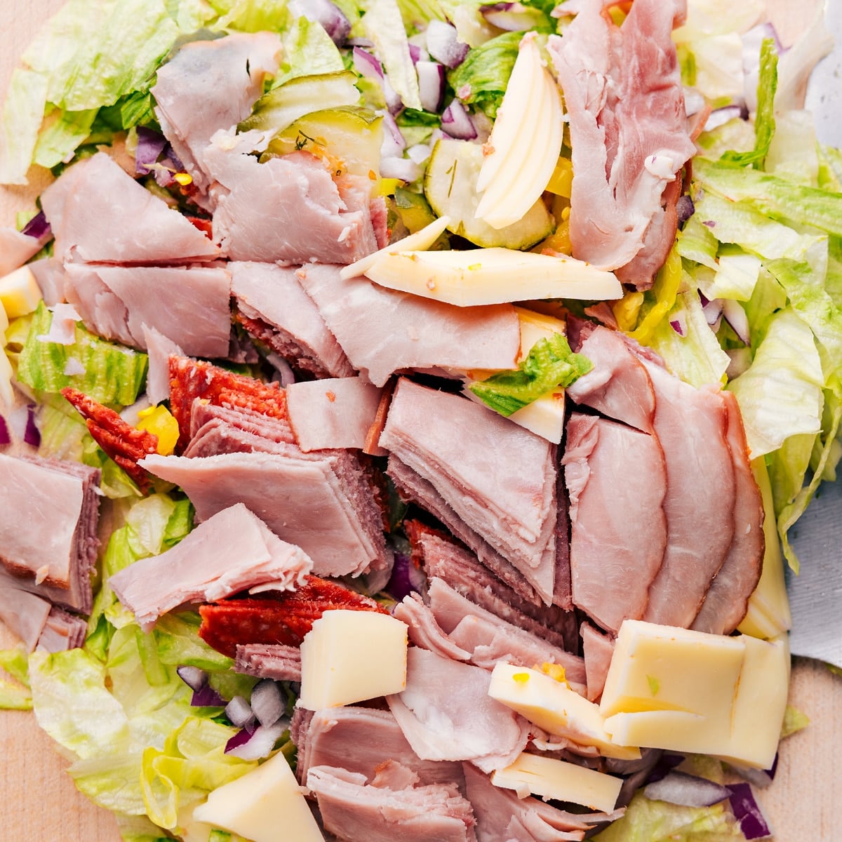 How To Make This Chopped Italian Sandwich All the filling ingredients for this Chopped Italian Sandwich chopped and mixed together.